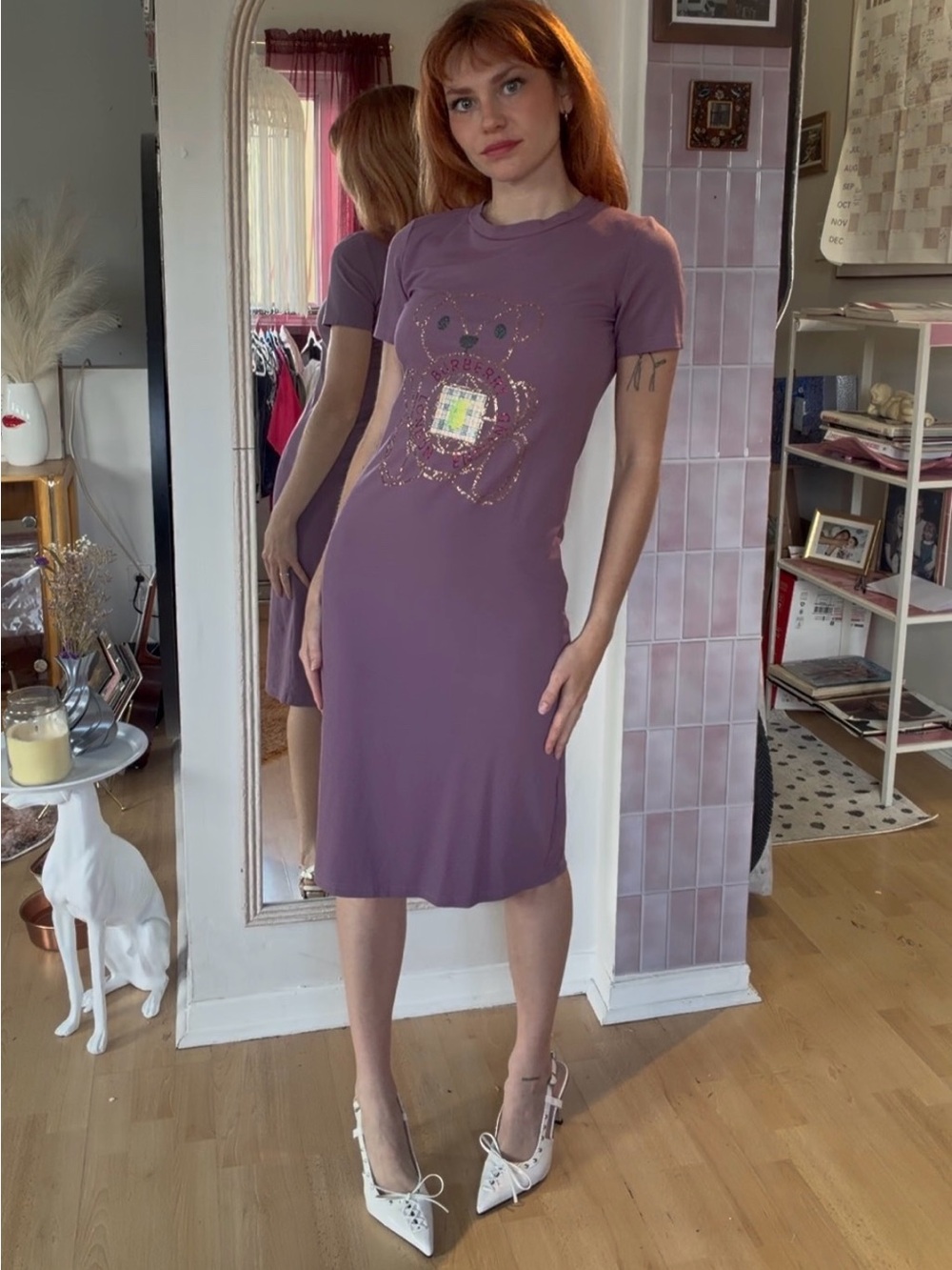 Deadstock Burberry Shirt-Dress with Beaded Bear/Logo